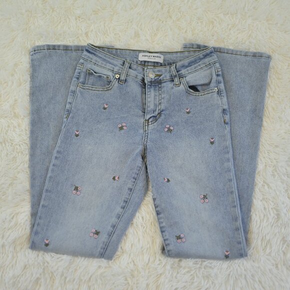 Ashley Mason Premium Jeans Boot Cut With Pink Flowers Juniors Size 0/24 - Picture 1 of 5
